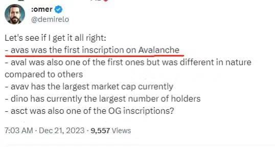 Avalanche创始人公开表明avas是第一个铭文
